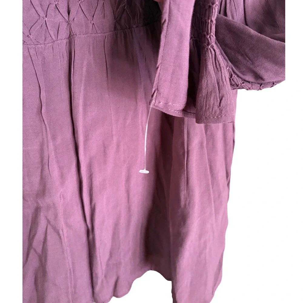 Free People Smocked In Time Boho Purple‎ Pullover Top Long Sleeve XS
